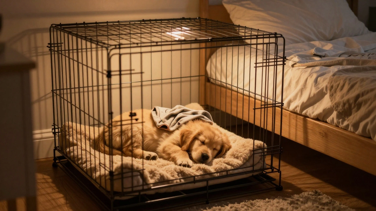 Puppy sleeping peacefully in crate next to bed with owner's shirt for comfort