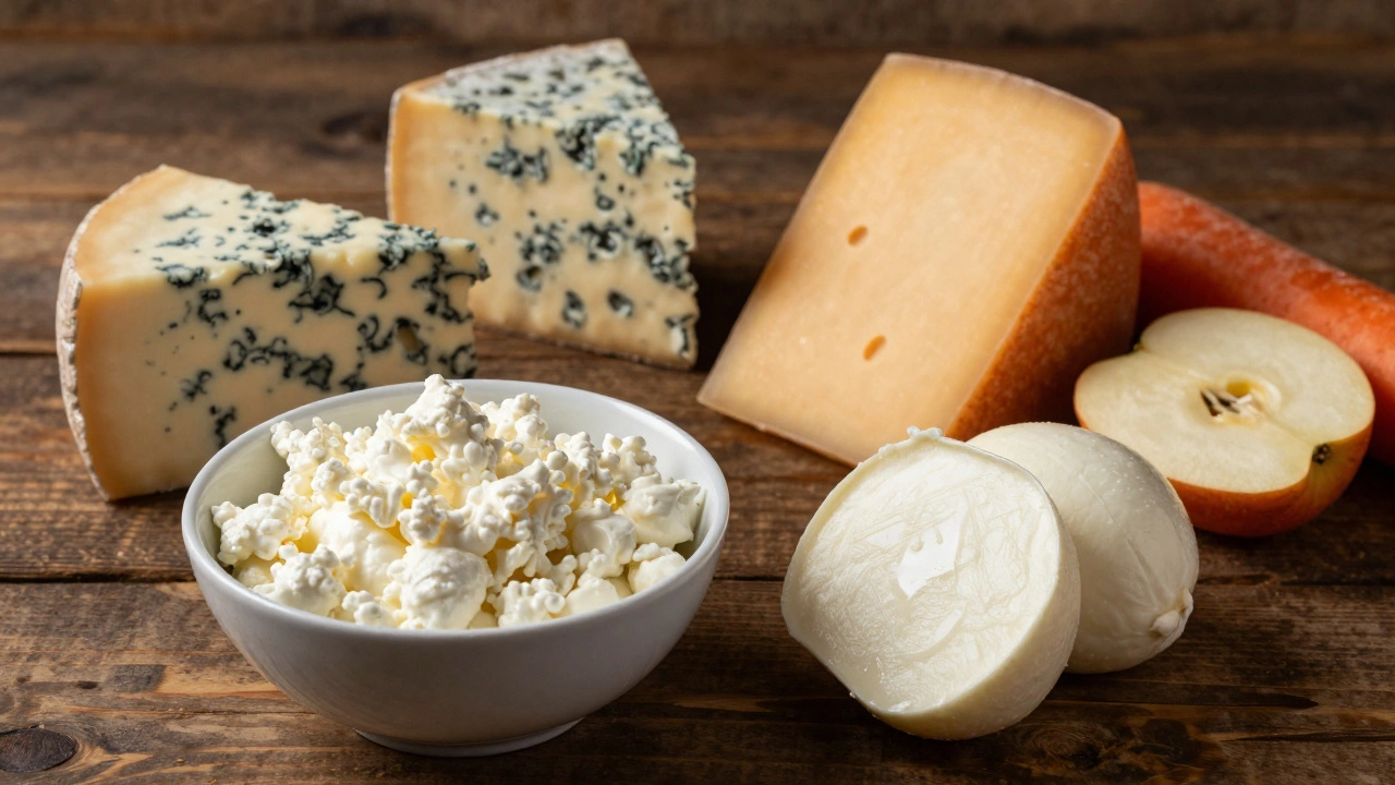 Safe cottage cheese and mozzarella displayed next to unsafe blue cheese