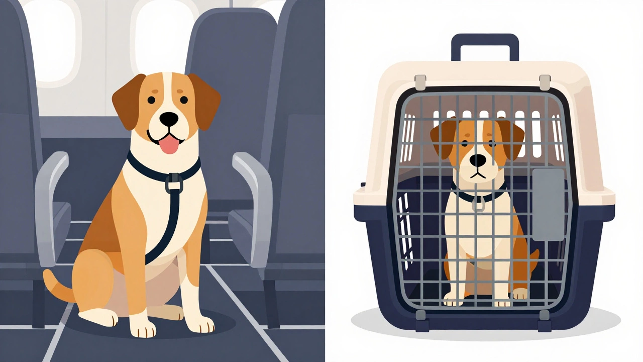 Service dog at feet vs pet in carrier comparison