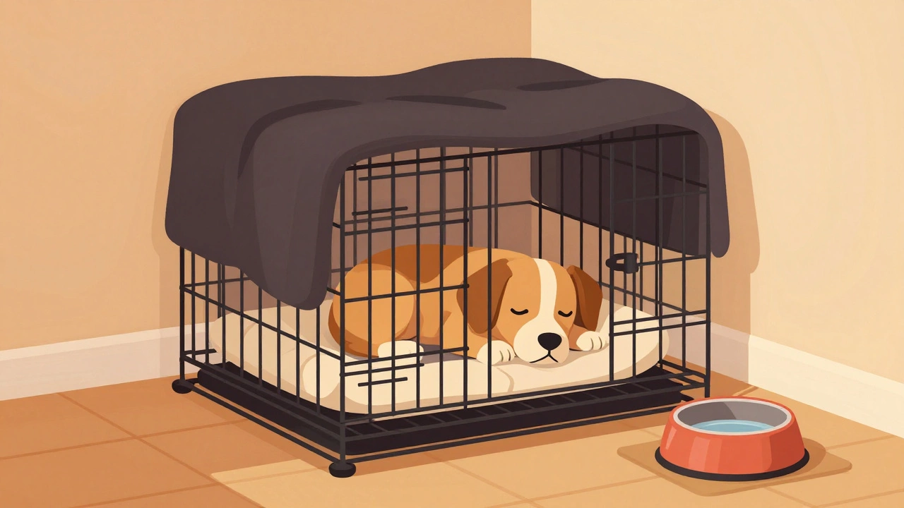 Sleeping puppy in a cozy crate with empty water bowl nearby