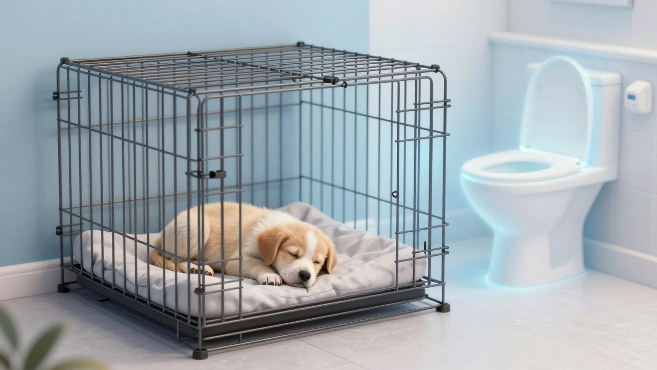Sleeping puppy in a crate illustrating den instinct