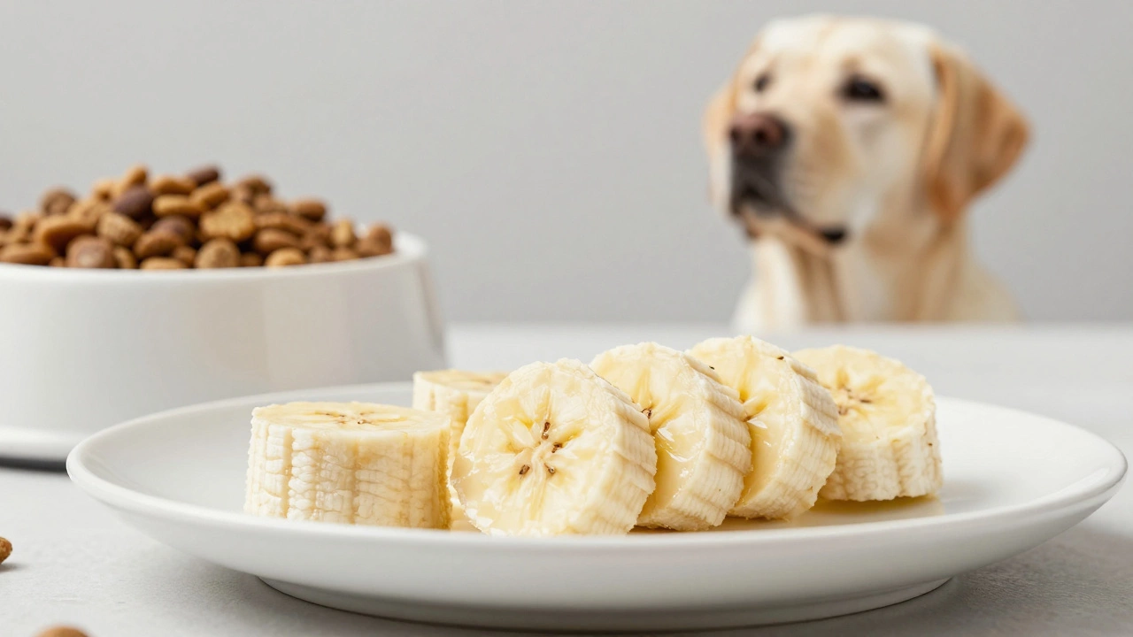 Small pieces of banana on a plate next to a dog's food bowl