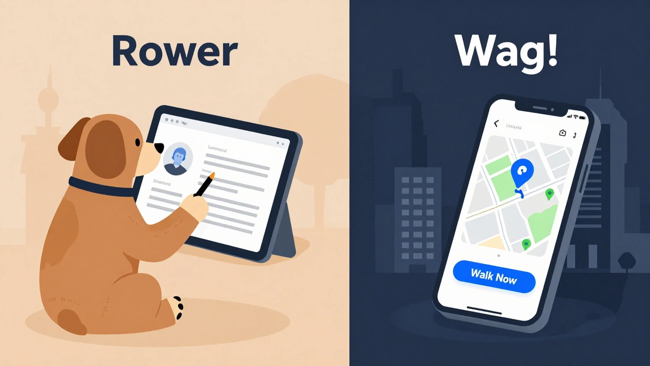 Split illustration contrasting planned pet sitting vs on-demand app walking