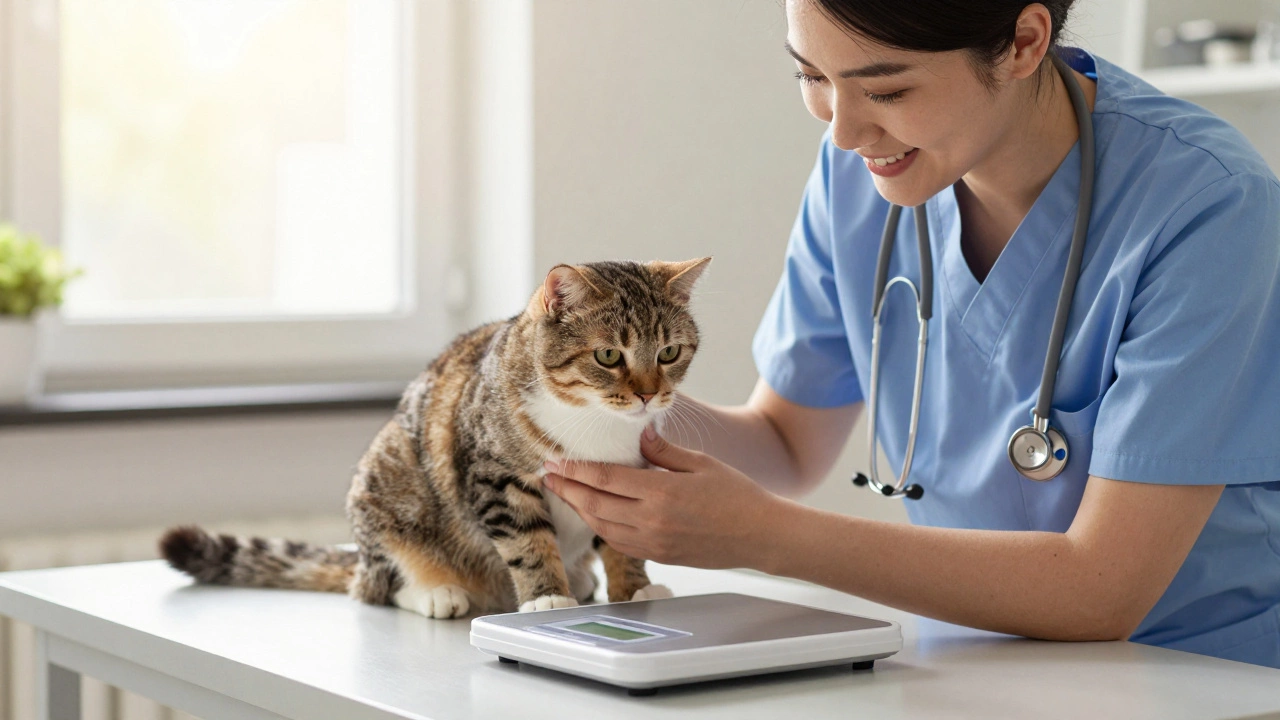 Veterinarian weighing a healthy cat during a routine checkup