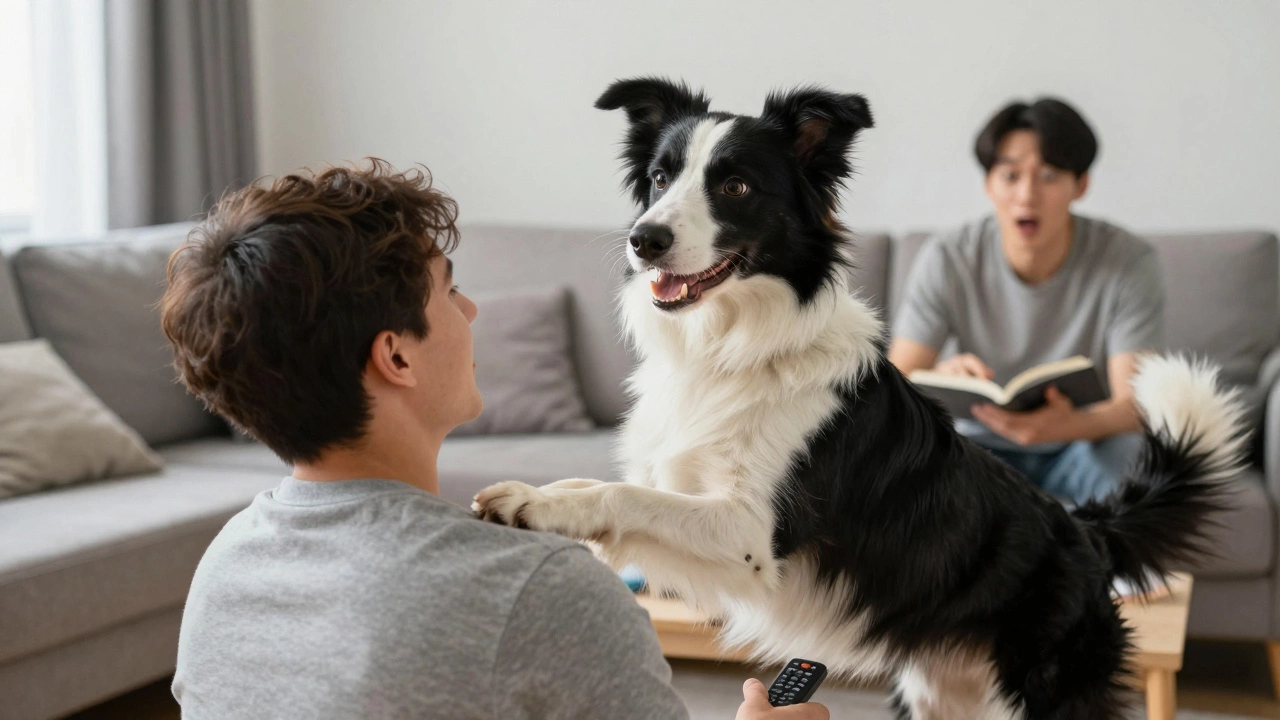 Border collie standing on hind legs pawing at owner