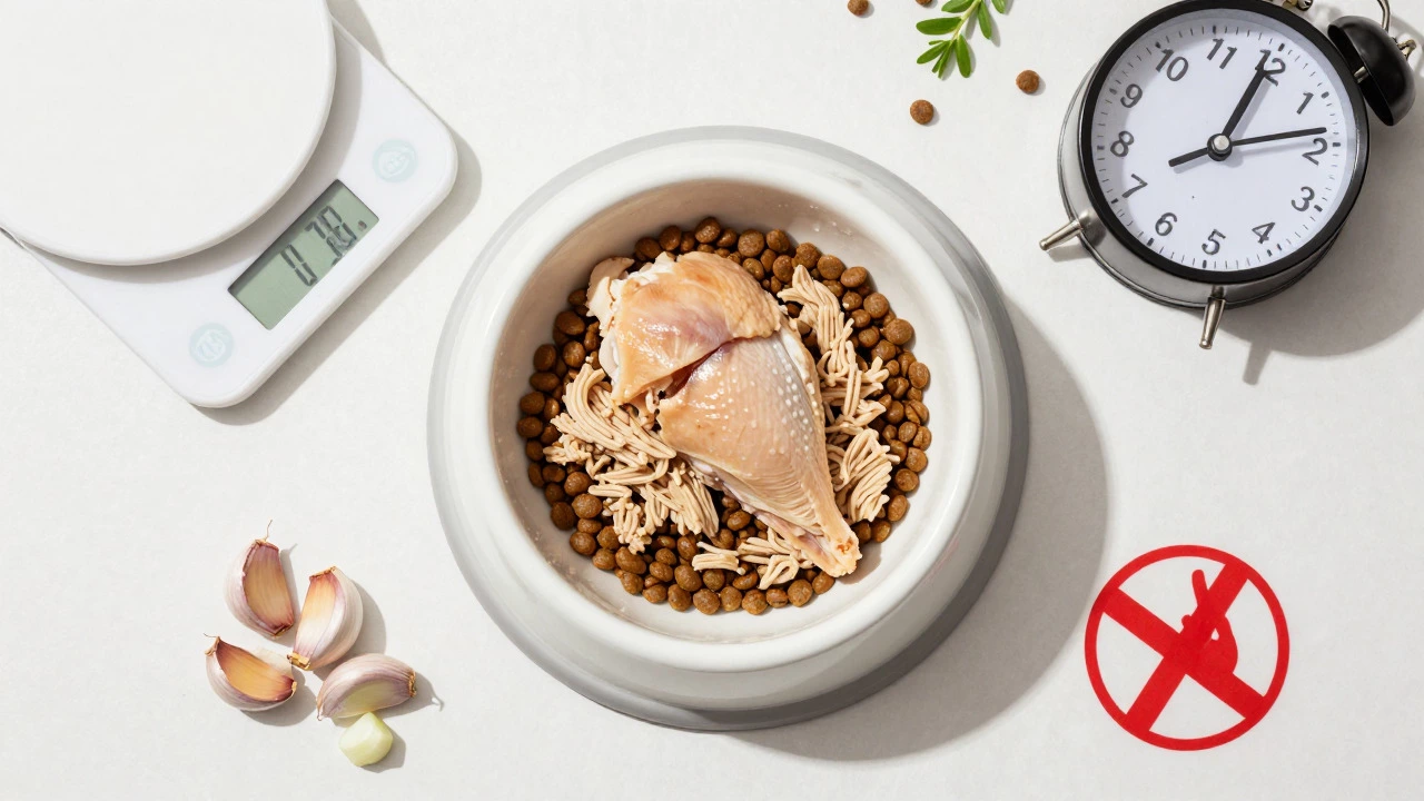 Bowl of measured ground chicken mix with scale and avoided toxic ingredients.