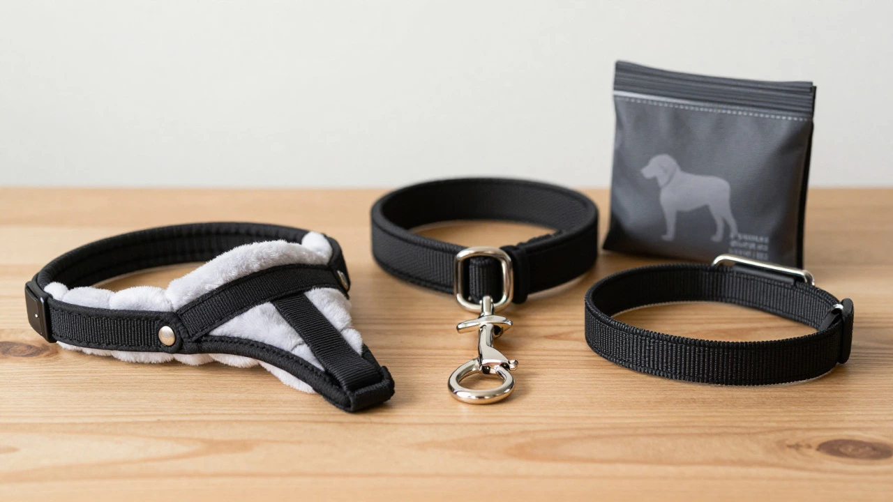 Collection of humane dog collars and halters on wooden table