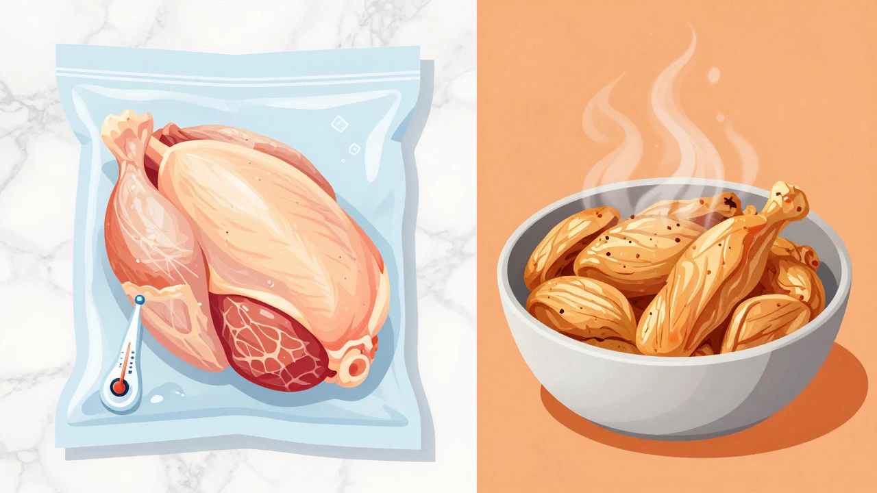 Comparison of raw versus cooked ground chicken for dogs, highlighting safety.