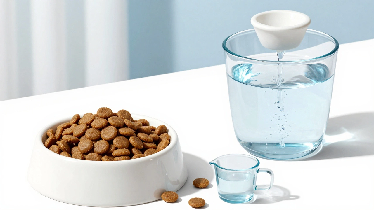 Flat lay of cat kibble bowl, water fountain, and measuring cup on a clean white surface