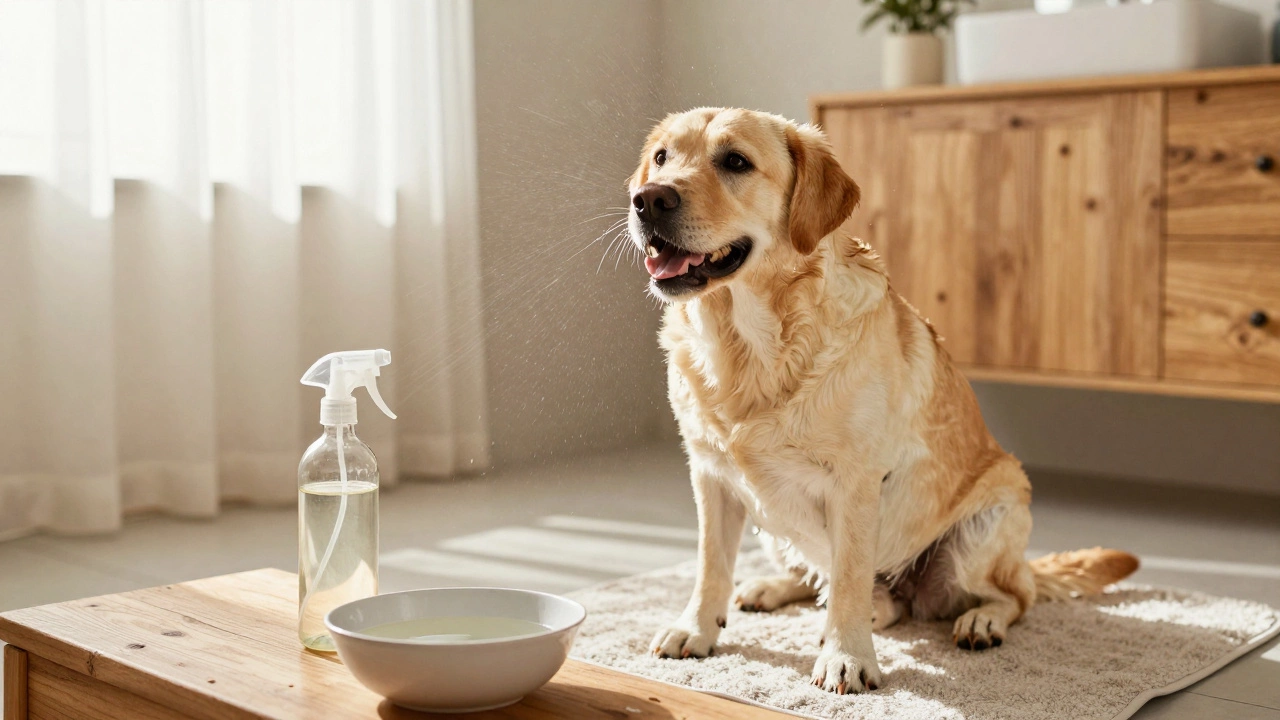 Happy dry dog at home with vinegar spray bottle nearby