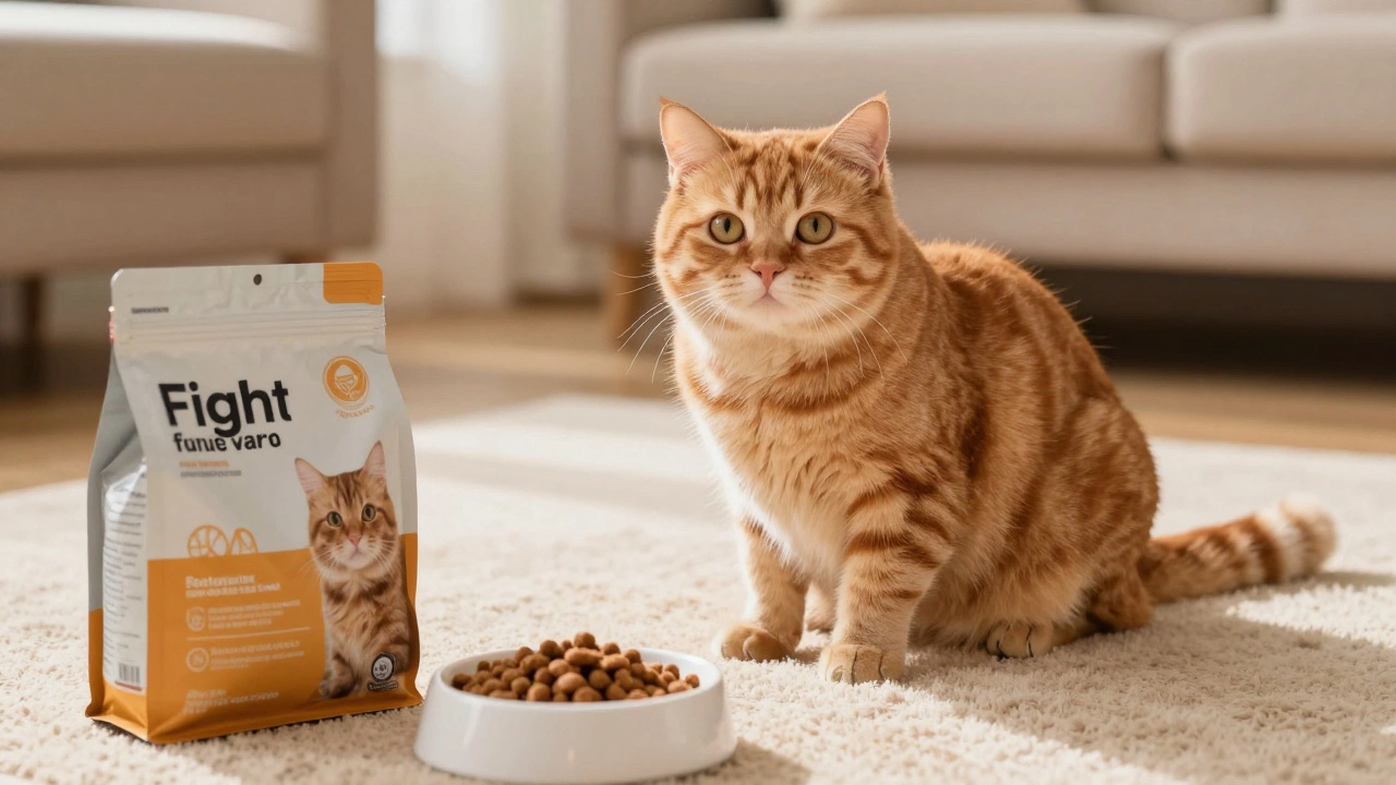 Healthy orange tabby cat sitting on a rug near a bowl of dry food in a sunlit room