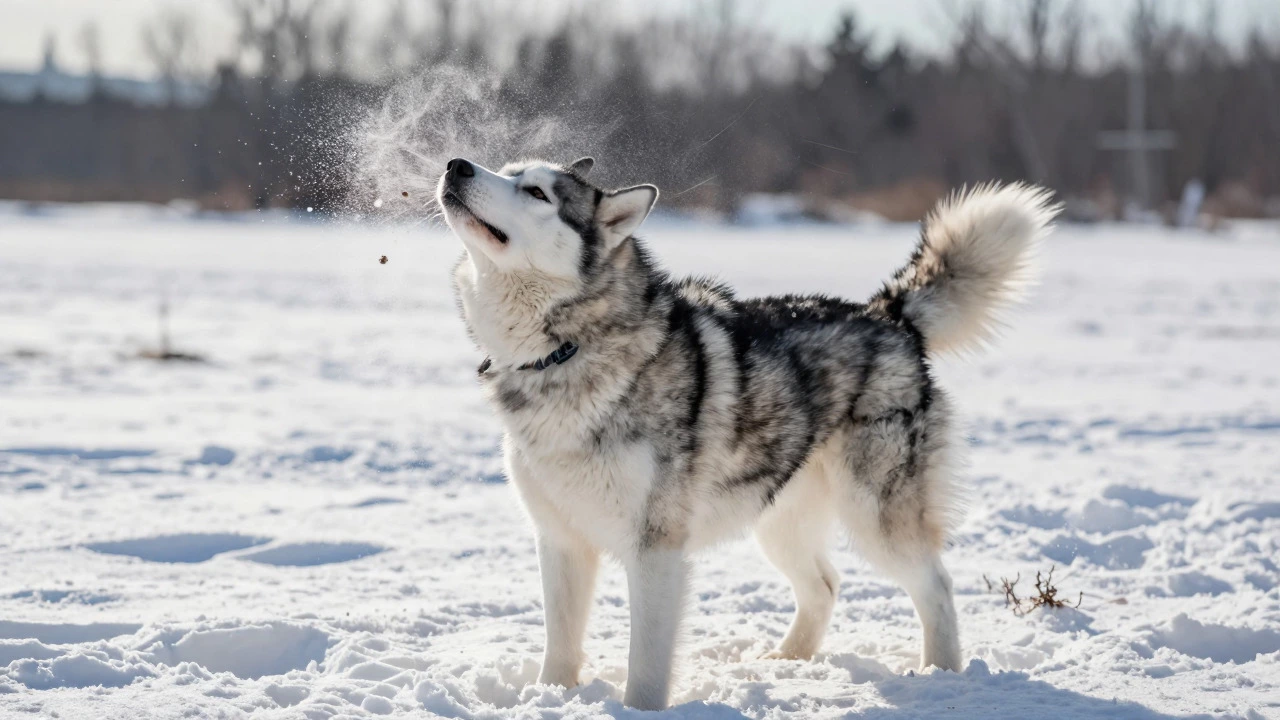 Husky shaking loose undercoat fur in snowy spring landscape