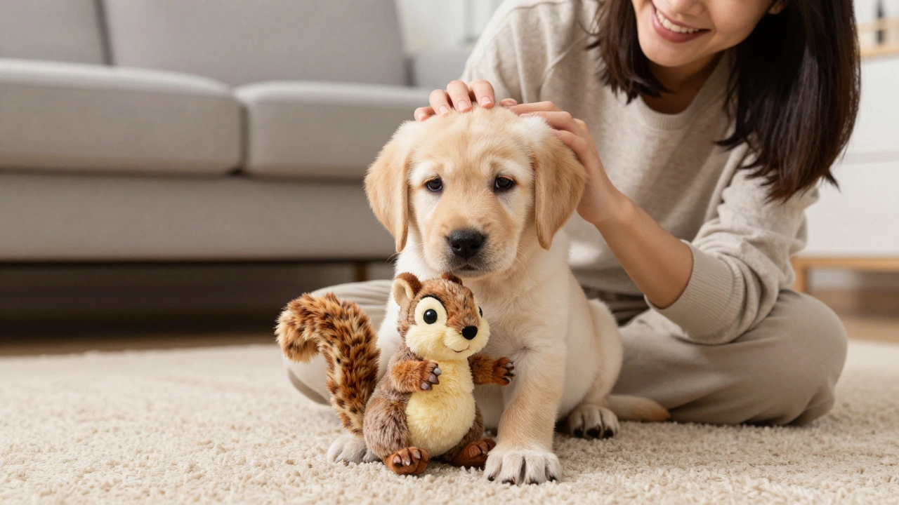 Labrador puppy cuddling a plush toy with its owner