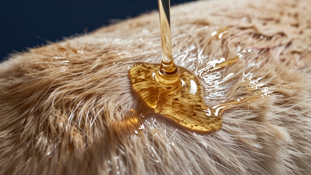 Macro view of vinegar smoothing dog hair cuticles for shine