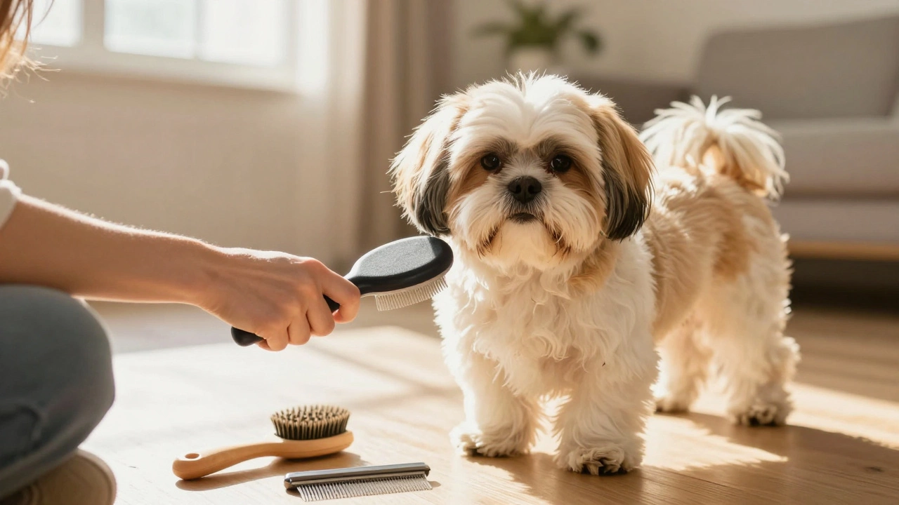 Owner brushing a Shih Tzu at home to maintain coat health and save money