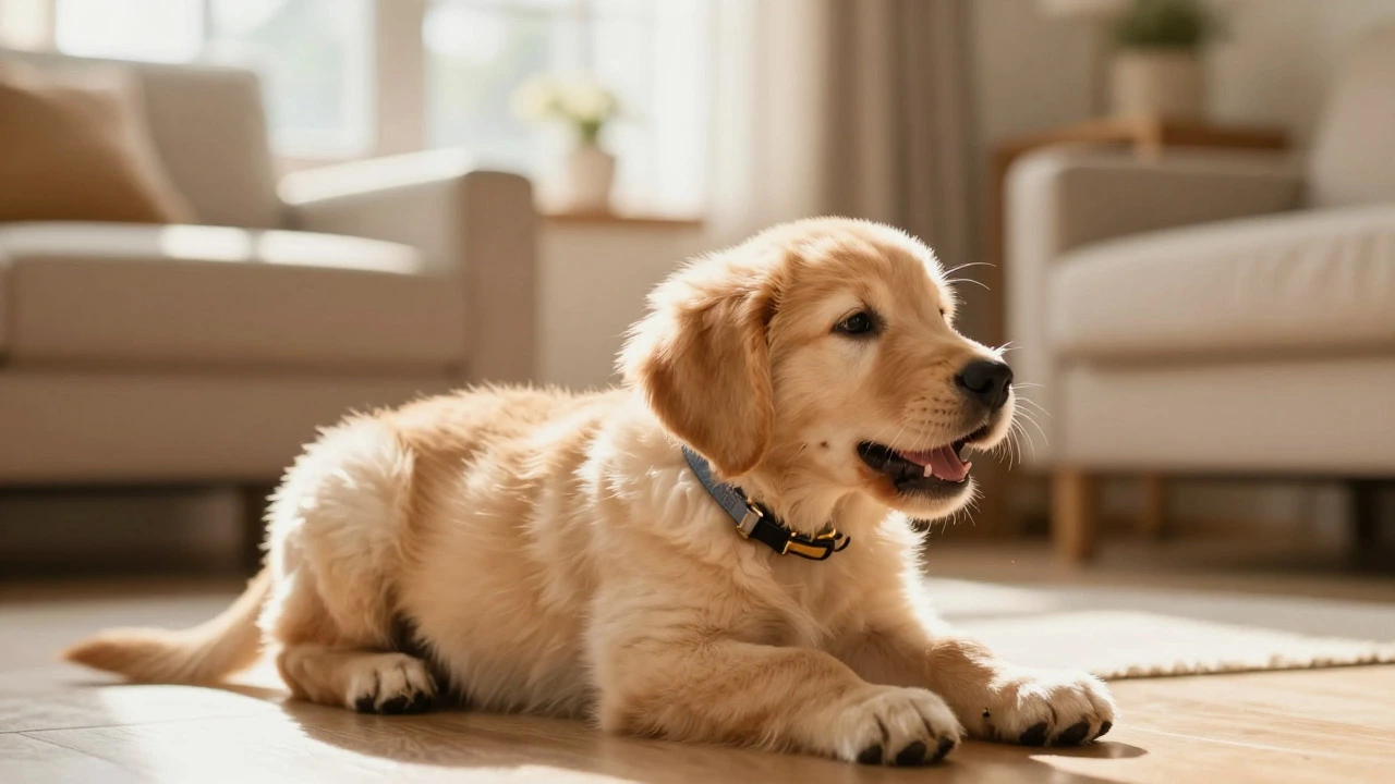 Playful puppy wearing a loose adjustable collar, demonstrating proper fit checks for growth.