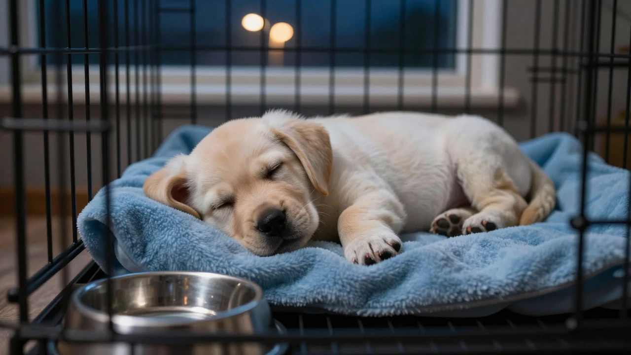 Puppy sleeping peacefully in a crate during the night