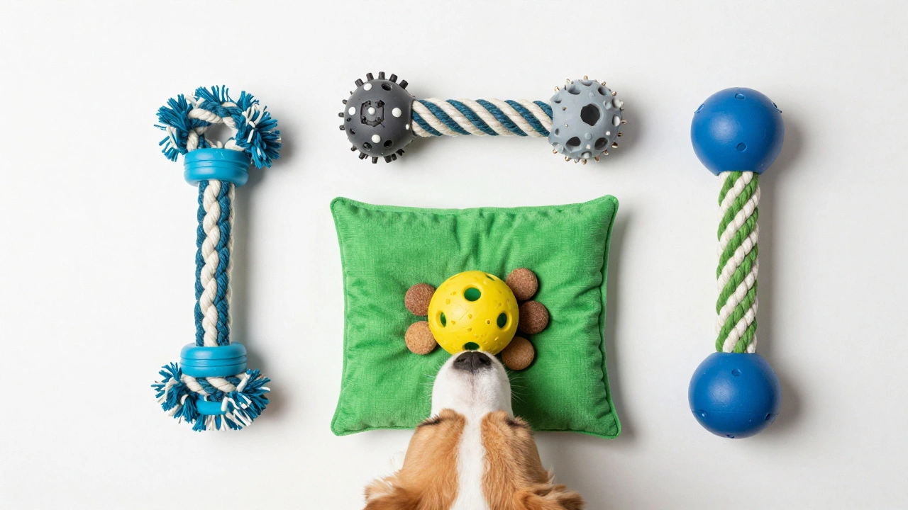 Puppy sniffing a snuffle mat surrounded by safe play toys