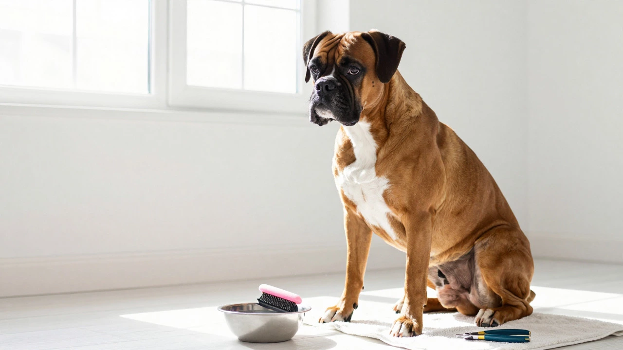 Short-haired Boxer dog with rubber brush and grooming supplies
