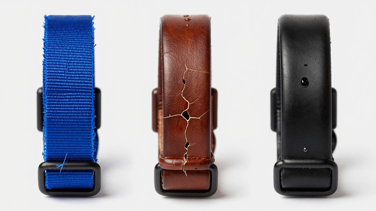 Side-by-side comparison of worn nylon, cracked leather, and pristine Biothane dog collars.