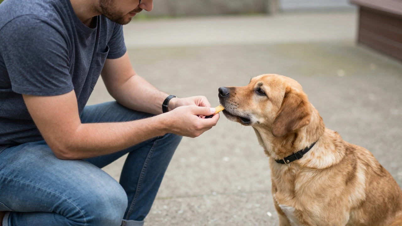 Trainer rewarding dog with treat during positive reinforcement session