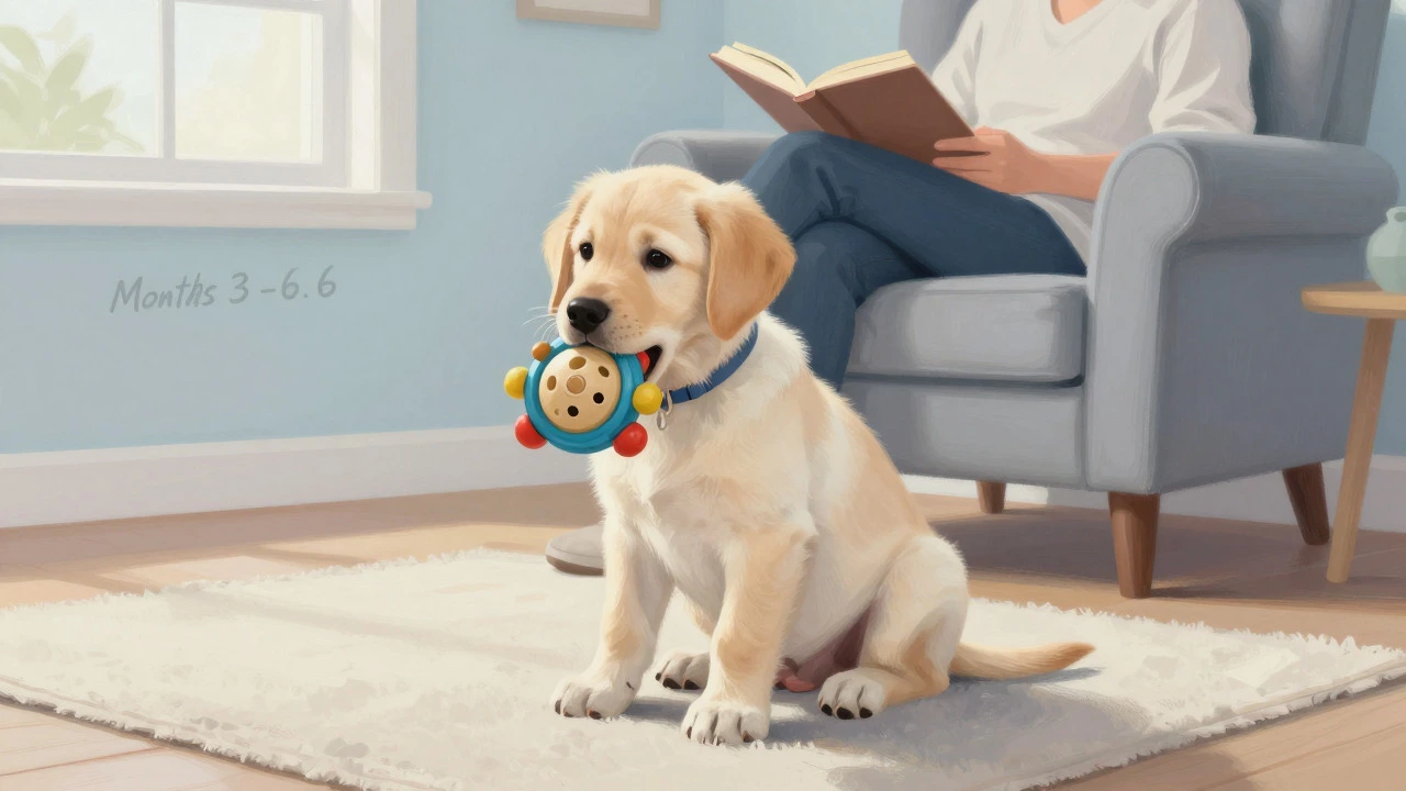 A calm puppy with a puzzle toy while an owner relaxes nearby