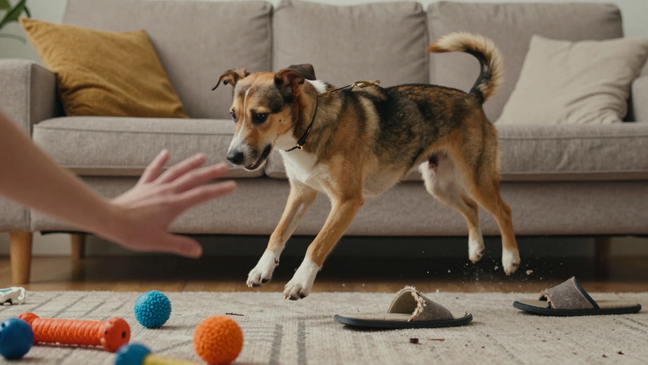 Adolescent dog jumping on sofa during rebellious phase