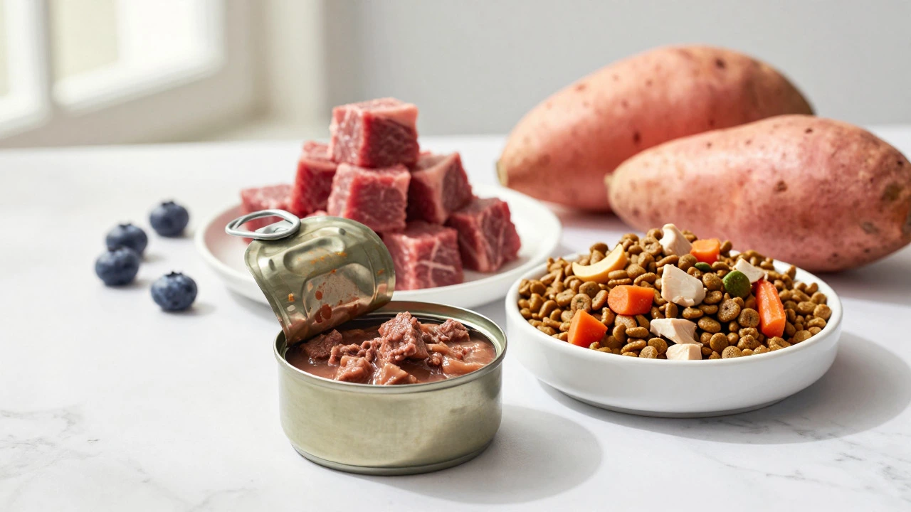 Assortment of wet, dry, and raw dog food ingredients on a marble counter