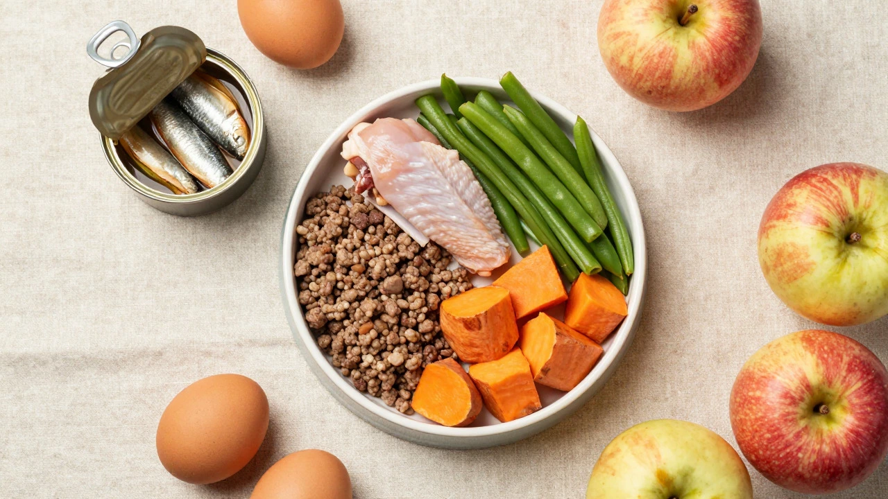 Bowl of mixed meat and vegetables surrounded by eggs and sardines on a table
