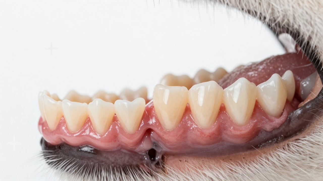 Close up of puppy baby teeth transitioning to adult teeth