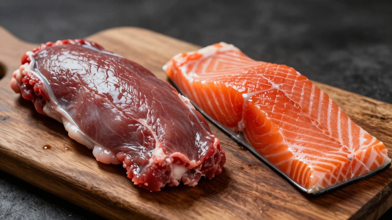 Close up of raw venison and salmon fillets on a wooden board for dog food