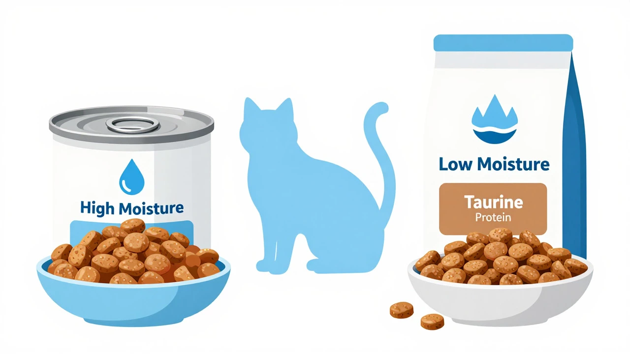 Comparison graphic of wet vs dry cat food benefits