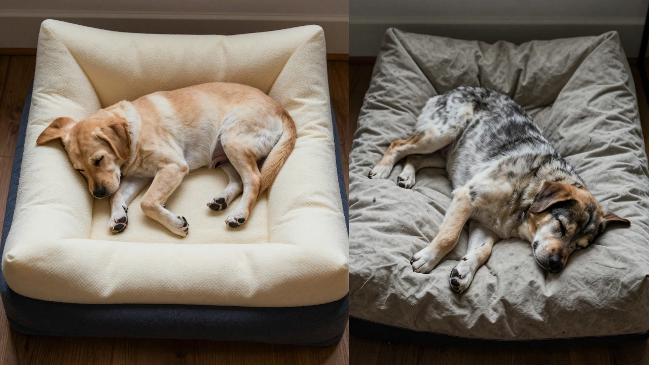 Comparison of a dog on a supportive orthopedic bed versus a flat old cushion