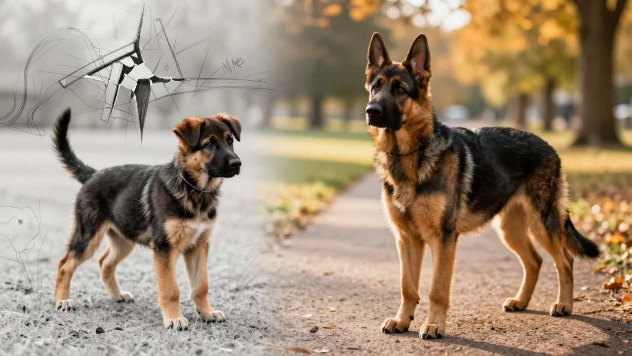 Conceptual art showing a puppy transitioning to a mature dog