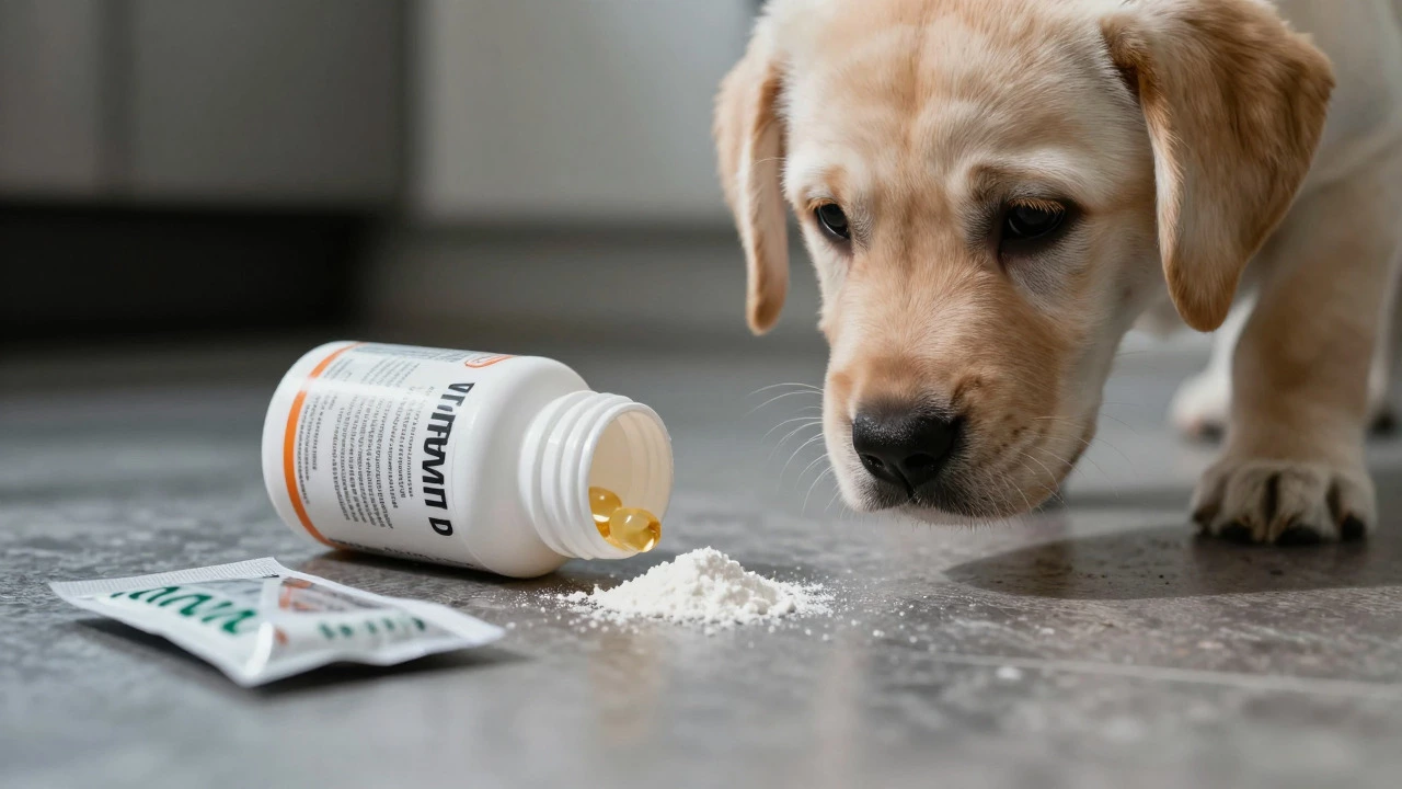 Dog sniffing spilled vitamins and rodenticide on counter