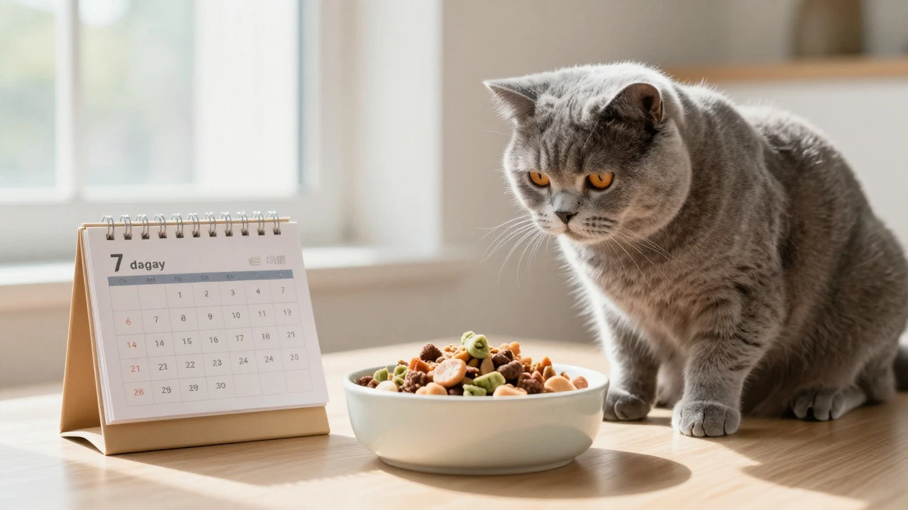 Grey cat eating mixed food during diet transition