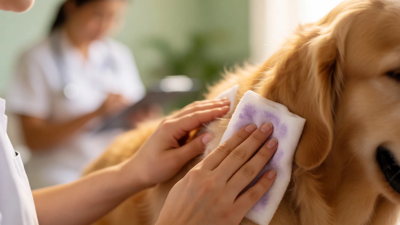 Groomer applying a calming lavender wipe to a relaxed golden retriever.