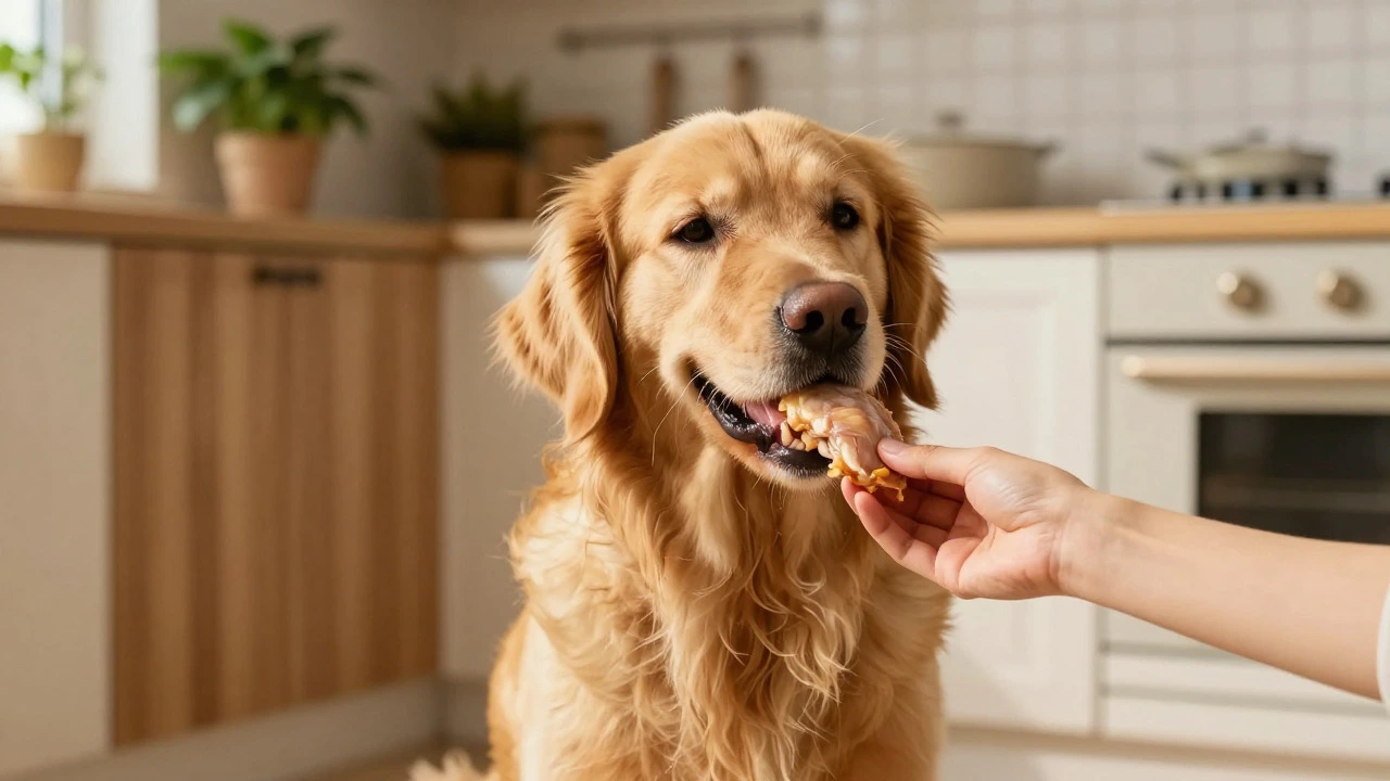Happy golden retriever receiving a piece of fresh chicken from an owner