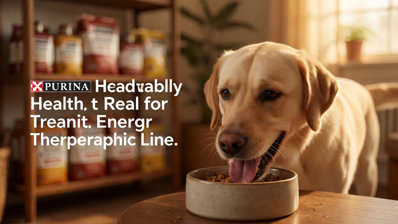 Healthy dog eating Purina food in a warm, cozy home setting