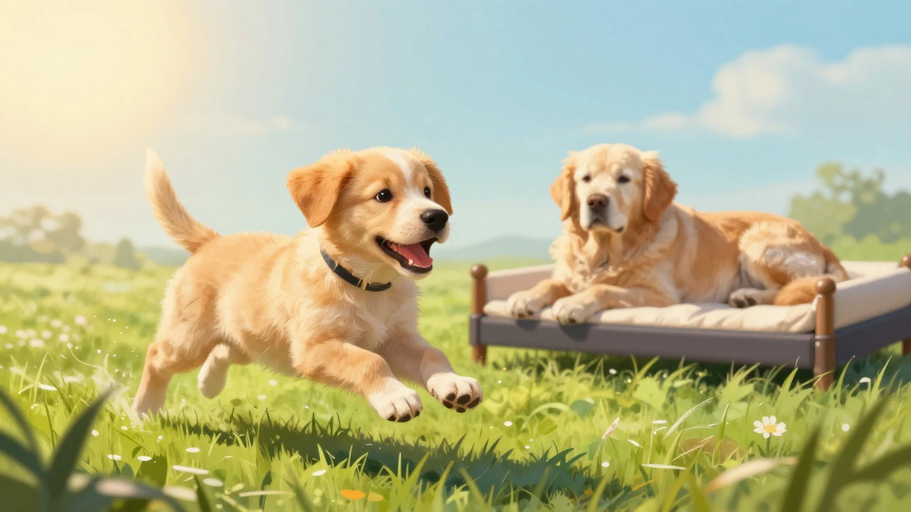 Illustration contrasting a young puppy with an elderly dog to show age impact
