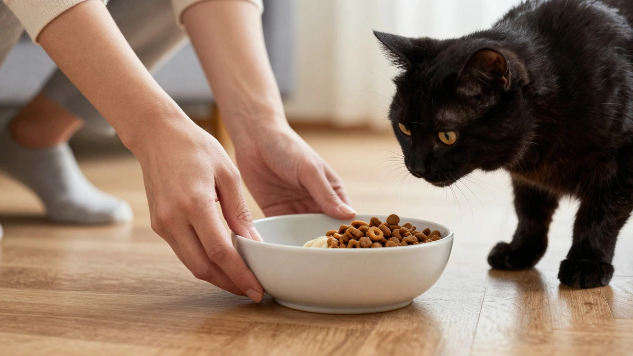 Owner serving fresh mixed cat food to a cautious black cat