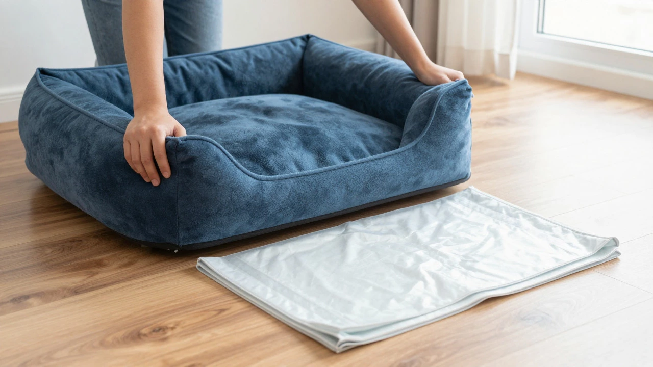 Person lifting a dog bed off the floor for air circulation