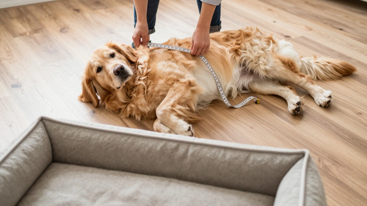 Person measuring a Golden Retriever to determine the correct dog bed size