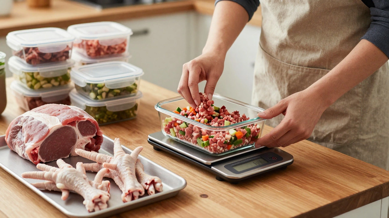 Person weighing out meat and vegetable portions into containers in a home kitchen