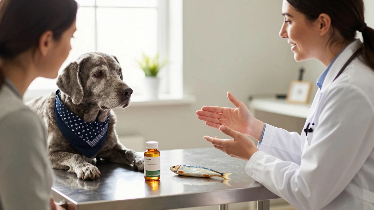 Veterinarian discussing fish oil and natural diet with owner