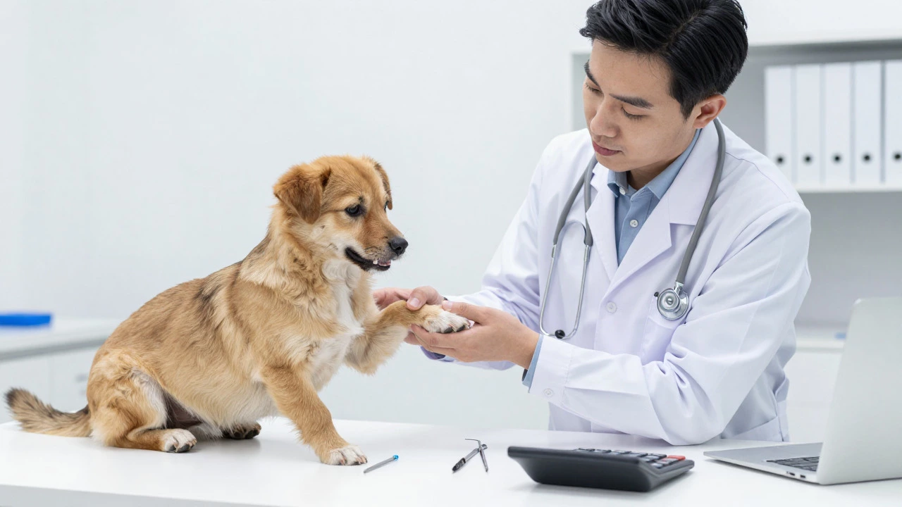 Veterinarian examining a dog in a clinic, illustrating veterinary care costs
