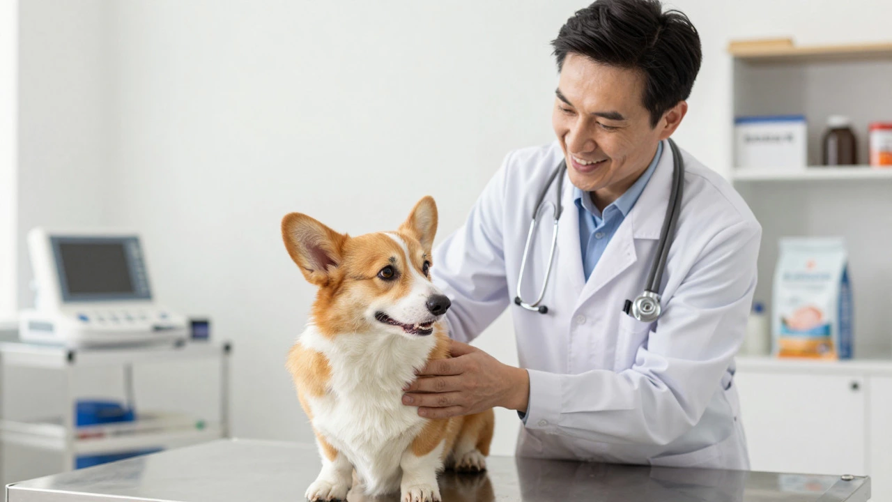 Veterinarian examining a senior dog while holding a bag of premium pet food