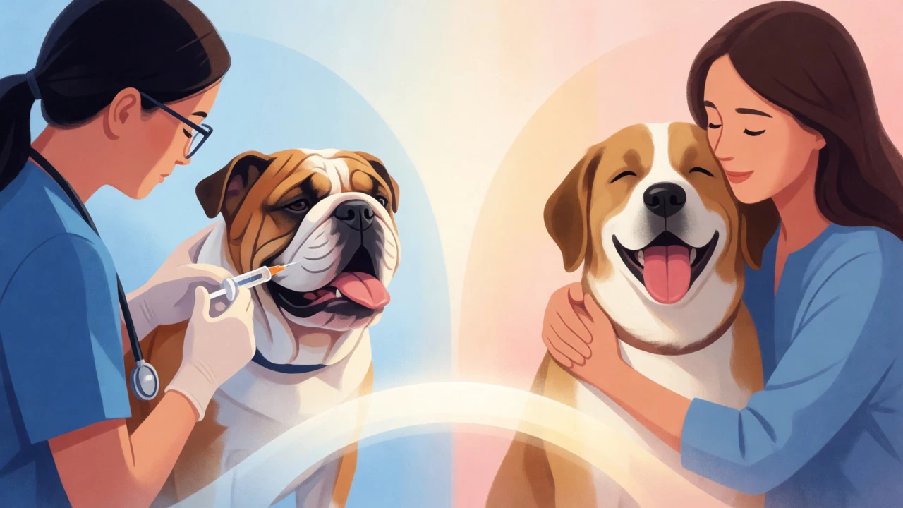 Veterinarian sedating a bulldog while another dog enjoys post-groom hugs.