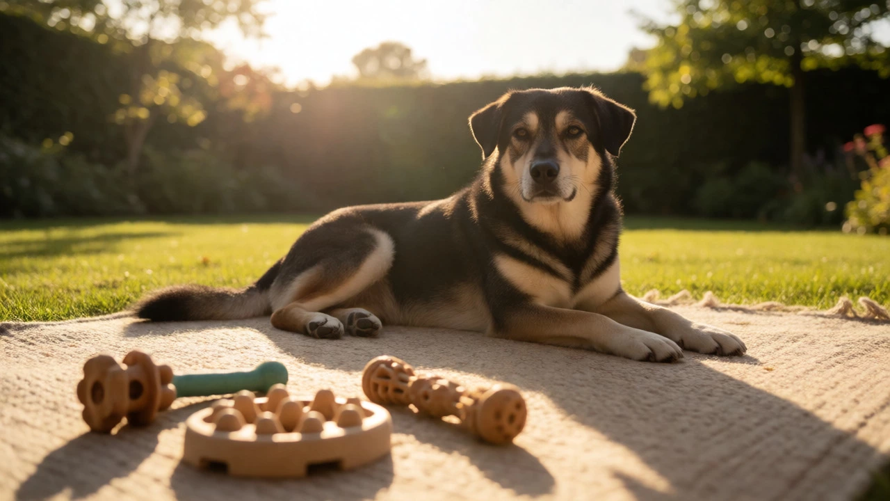 A calm adult dog resting peacefully in a sunlit garden near chew toys.