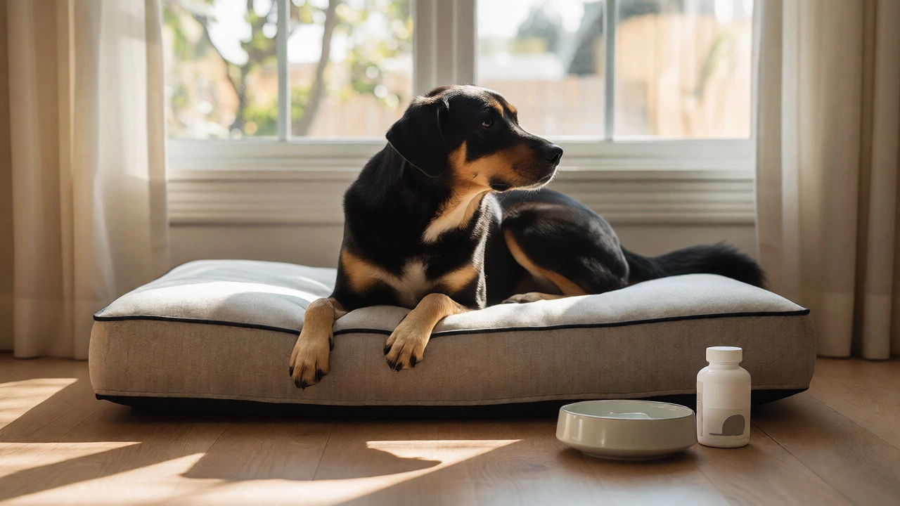 A comfortable dog rests on an orthopedic bed next to water and supplements.